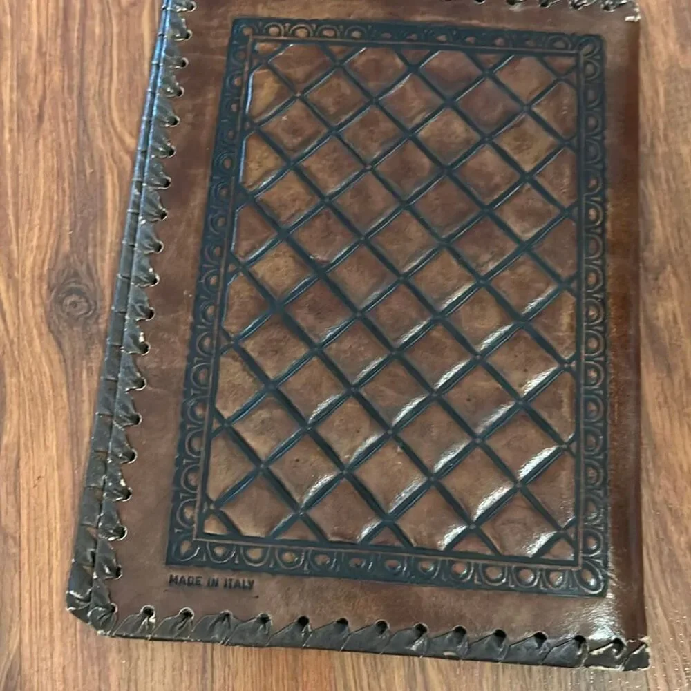 Vintage tooled brown leather lion crest made in Italy book cover